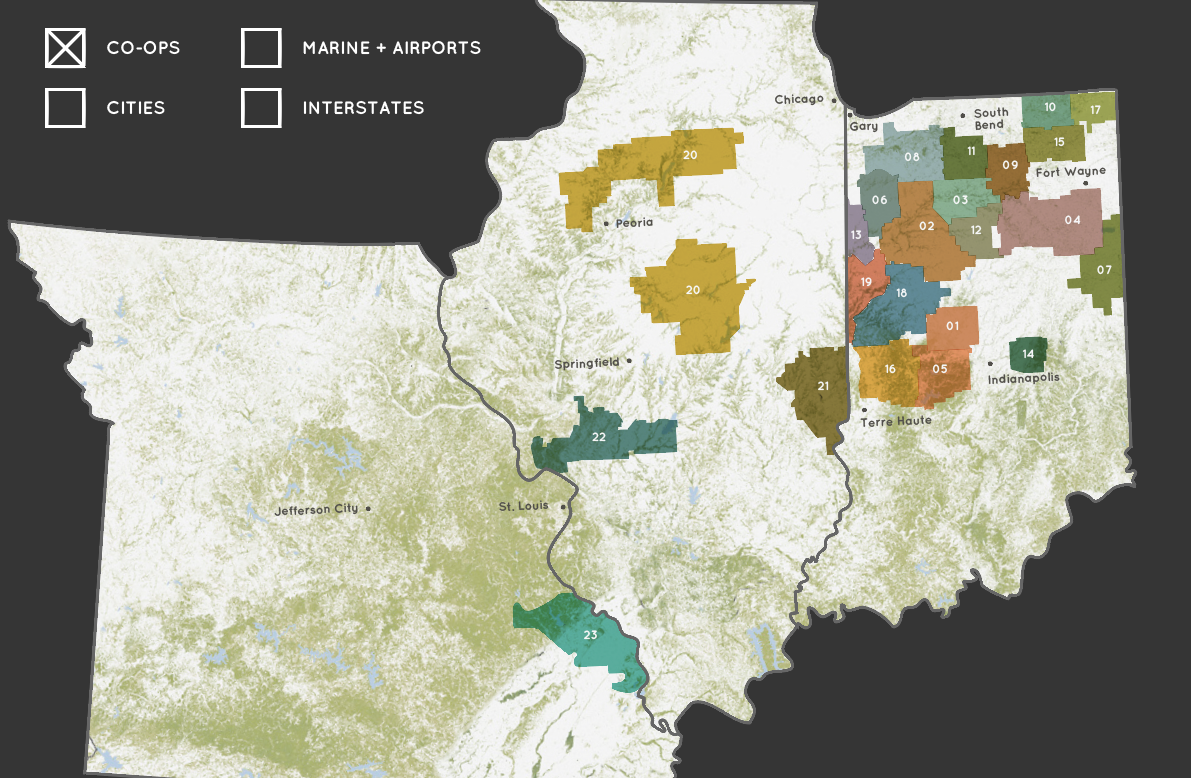 A map of the member-owned electricity cooperatives that make up Wabash Valley Power