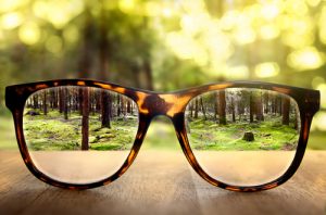 A forest scene as viewed through a pair of glasses sitting on a table