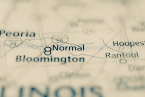 Closeup of Bloomington-Normal, Illinois, on a map.
