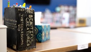 Close up of ceramic creations to replicate books.